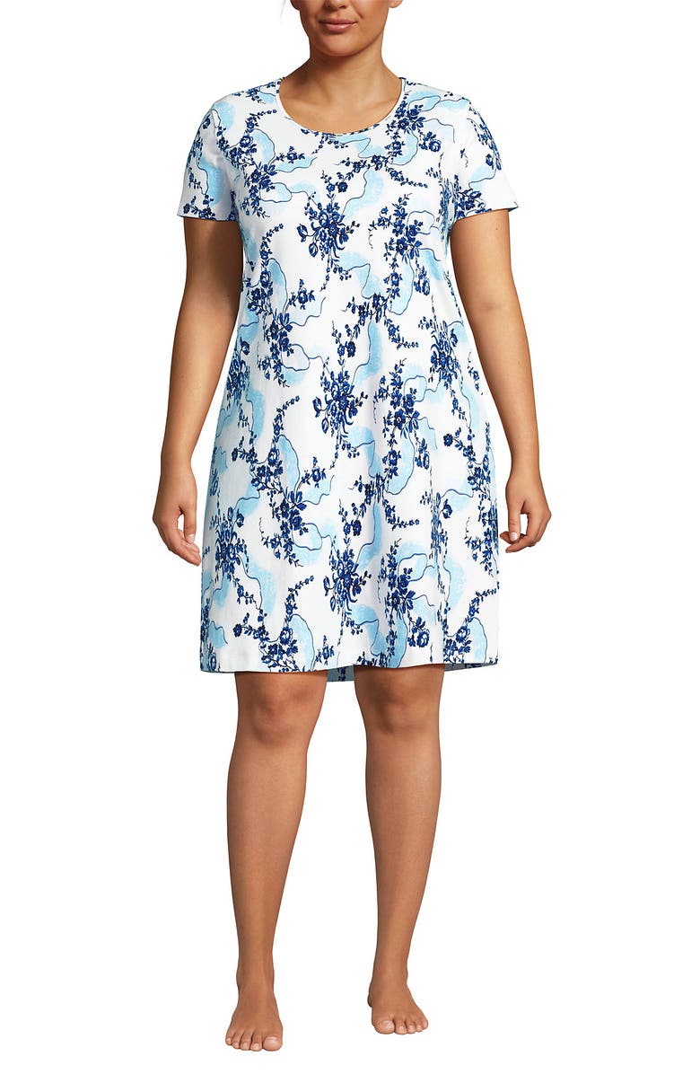 Lands' End Cotton Short Sleeve Knee Length Nightgown, Main, color, White/Muted Cobalt Lace Floral