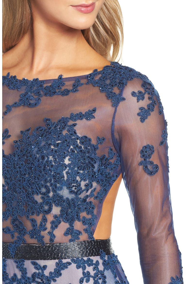 Long Sleeve Open Back Embroidered Tulle Gown, Alternate, color, SAPPHIRE