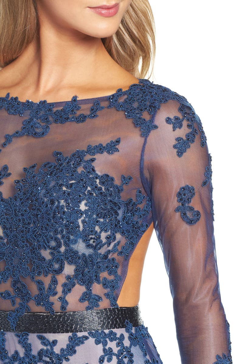 Mac Duggal Long Sleeve Open Back Embroidered Tulle Gown, Alternate, color, 