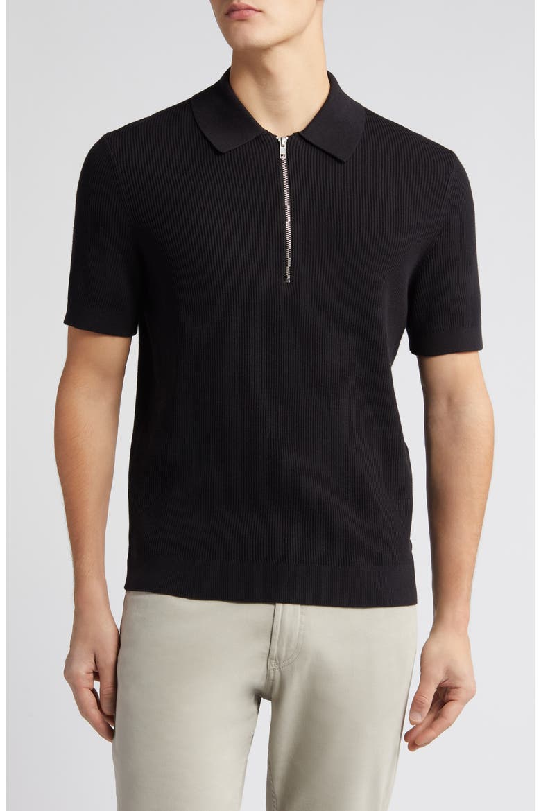 Hansie Zip Ribbed Organic Cotton Sweater Polo, Main, color, BLACK