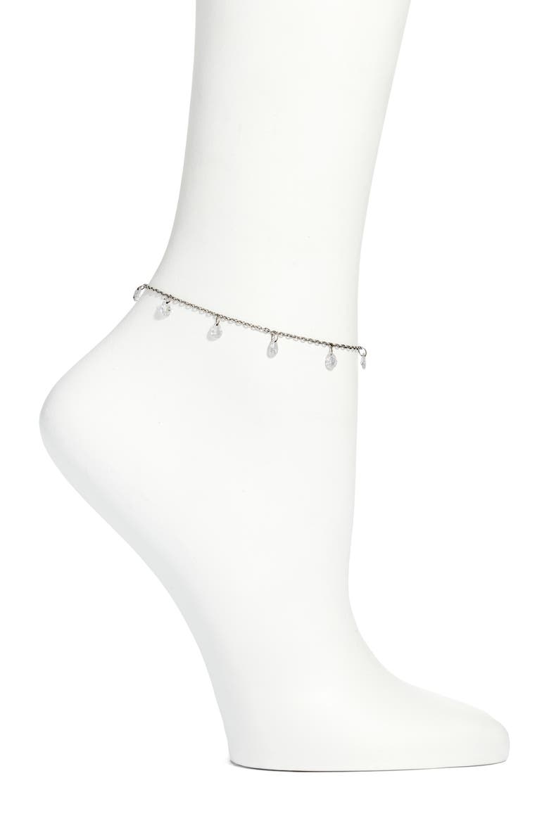 Dainty Crystal Drop Anklet, Main, color, SILVER