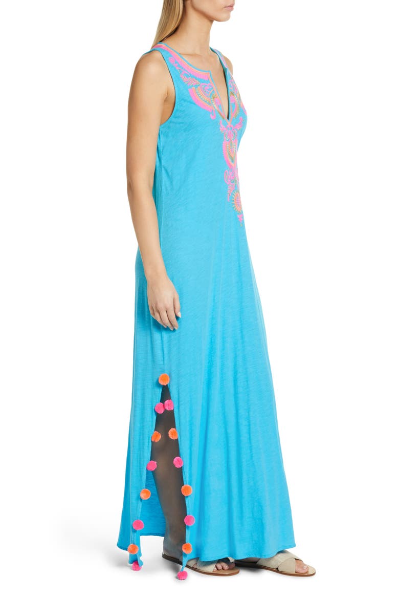 Nolia Embroidered Pompom Cotton Cover-Up Dress, Alternate, color, TURQUOISE OASIS