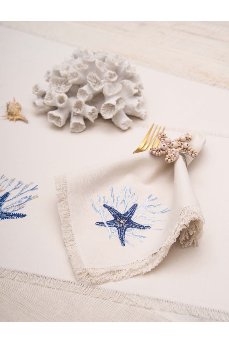 Tidal Treasures Starfish Coral Coastal Embroidered Fringed Table Runner 14" x 72", Alternate, color, Blue