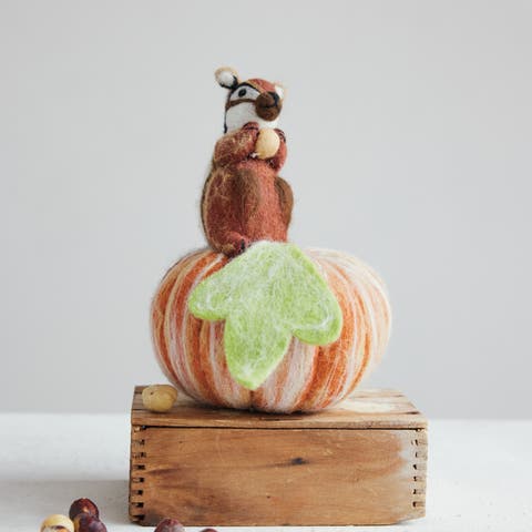 Whimsical Wool Felt Squirrel Figurine on Pumpkin