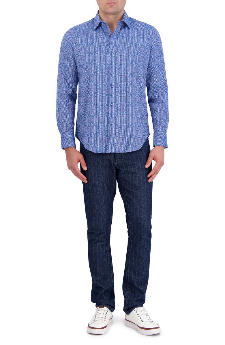 Robert Graham Voyage Geo Jacquard Stretch Cotton Button-Up Shirt, Alternate, color, Blue