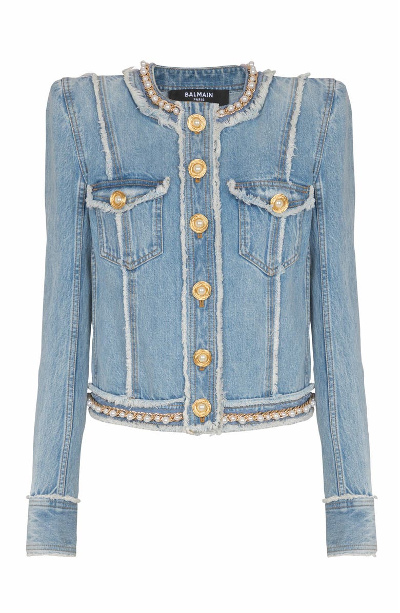 Balmain Denim Jacket With Pearl Trim, Main, color, Blue
