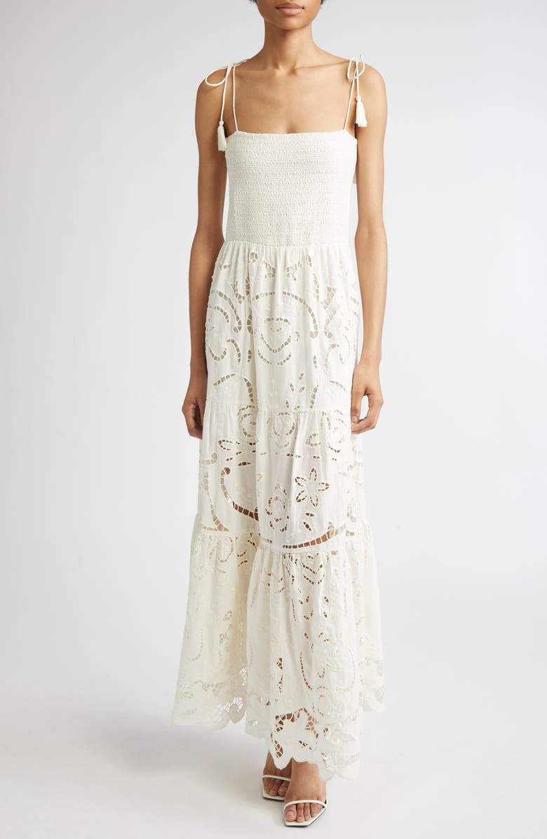 Alice + Olivia Marina Mixed Media Tiered Cotton & Linen Maxi Dress, Main, color, Off White
