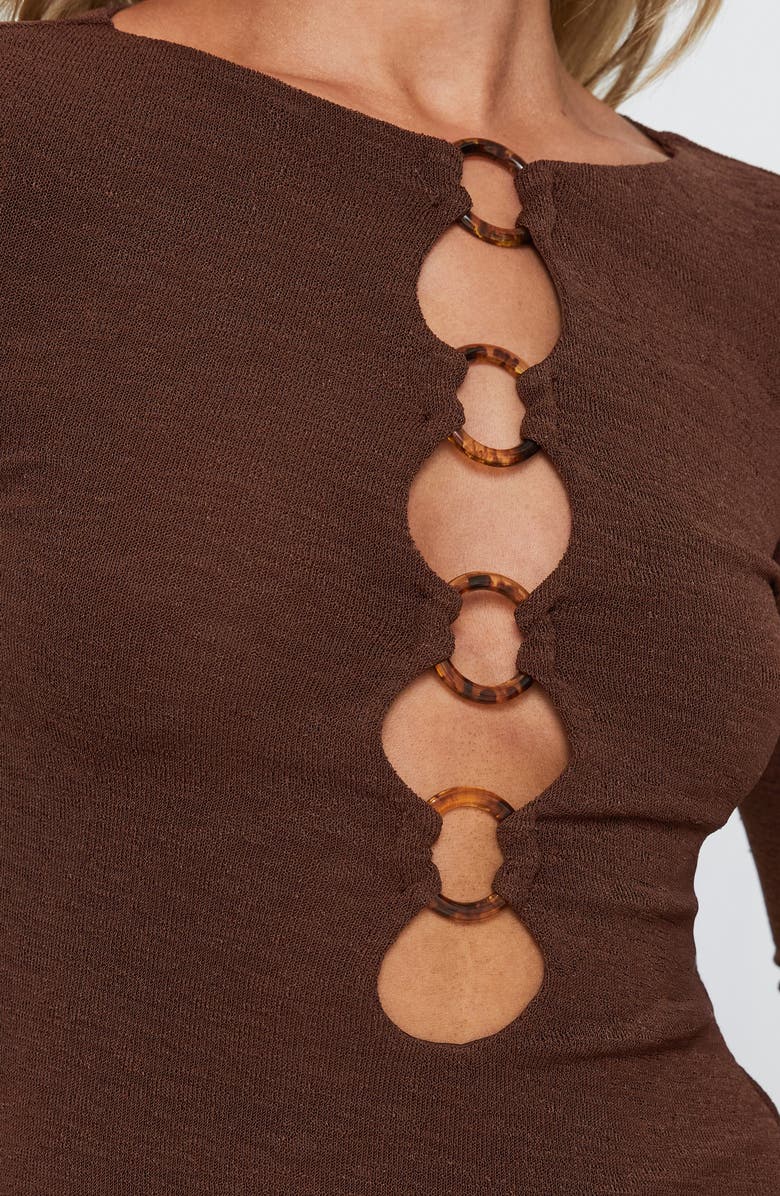 Princess Polly Dejonge Ring Detail Long Sleeve Minidress, Alternate, color, Brown