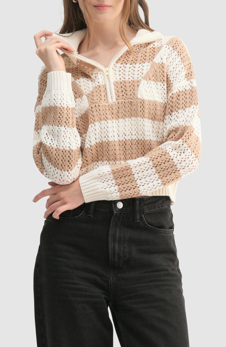 Lush Stripe Open Stitch Half Zip Sweater, Main, color, Taupe Cream