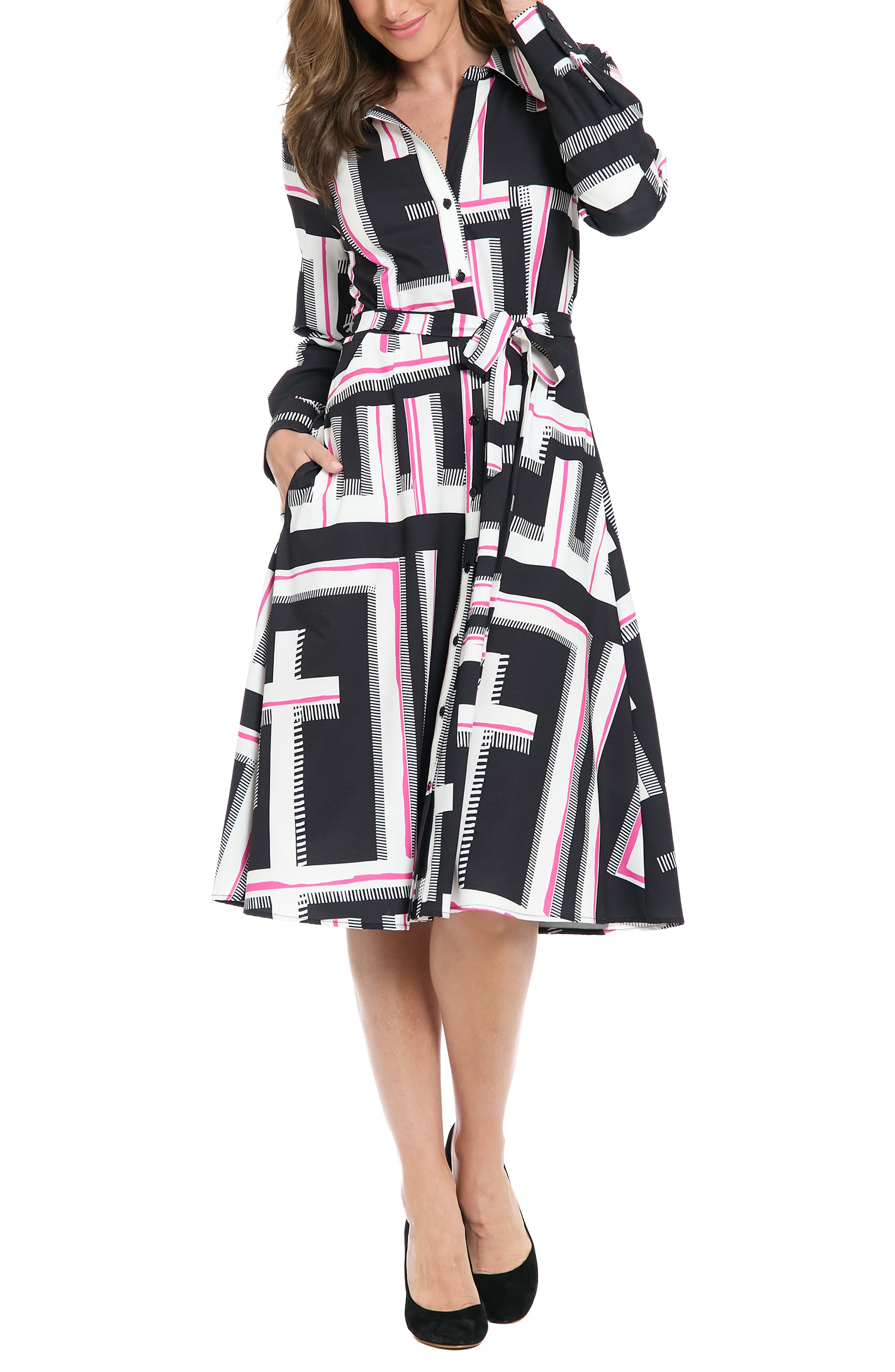 London Times Long Sleeve Shirtdress