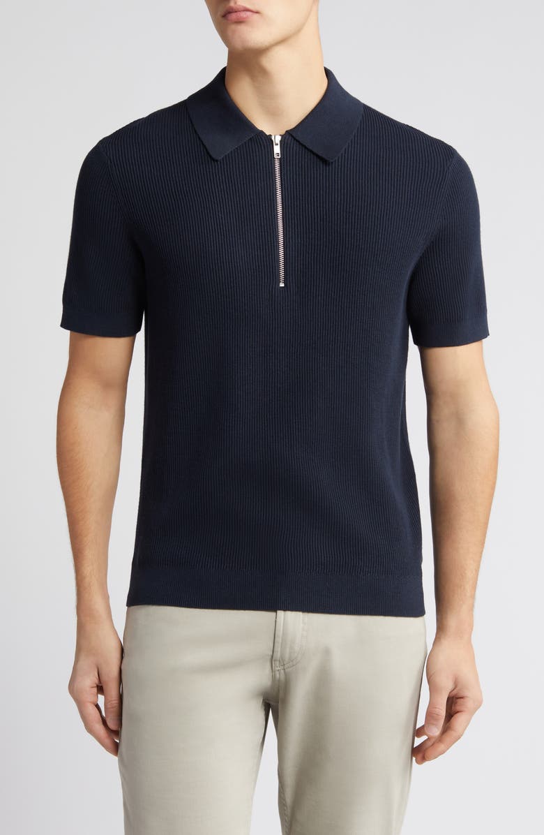 NN07 Hansie Zip Ribbed Organic Cotton Sweater Polo, Main, color, Navy Blue