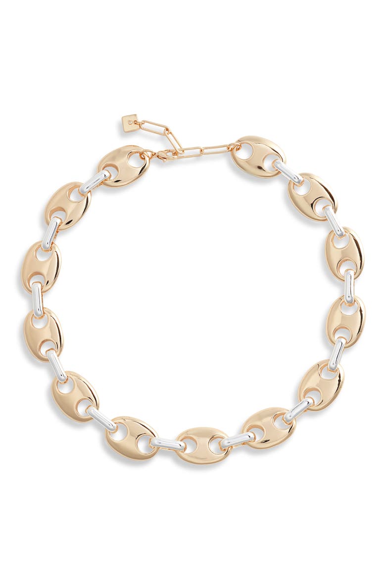 Two Tone Puffy Mariner Link Necklace, Main, color, SILVER- GOLD