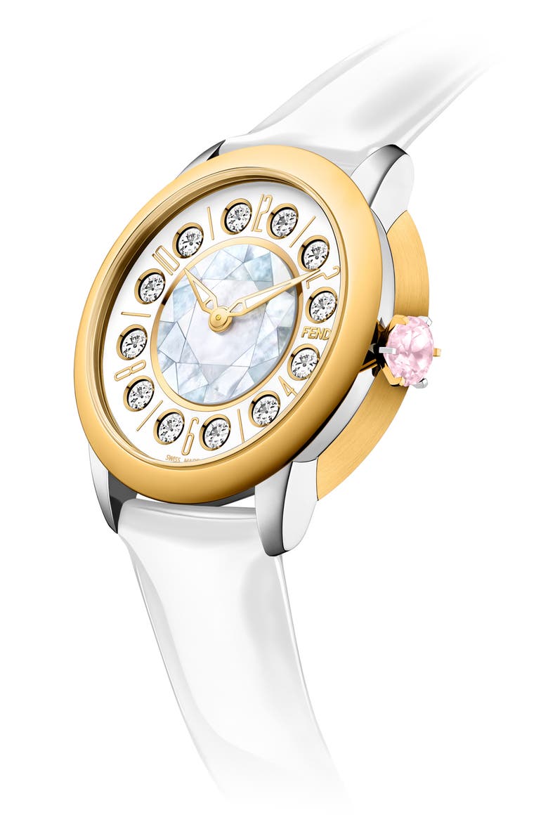 Ishine Rotating Stone Leather Strap Watch, 38mm, Alternate, color, YELLOW GOLD/ STAINLESS STEEL