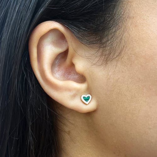 The Lovery Fine Jewelry Malachite Diamond Halo Heart Stud Earrings In Gold