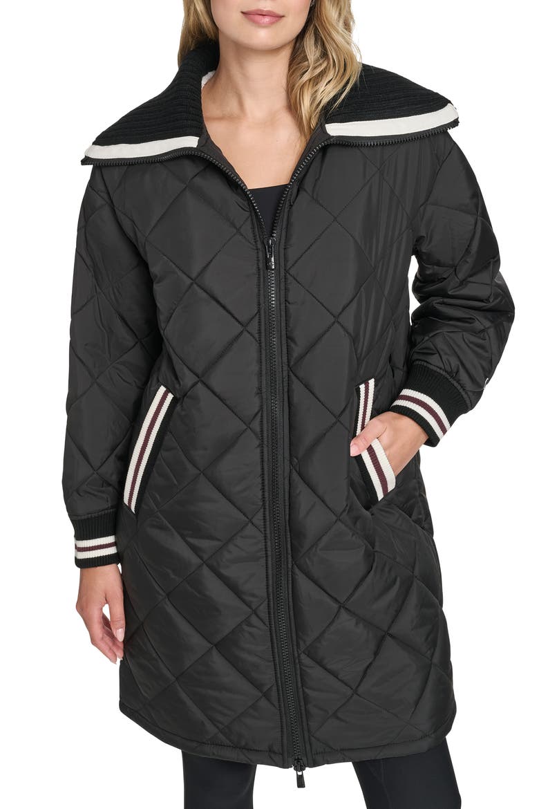 Diamond Quilted Faux Shearling Lined Coat, Main, color, BLACK