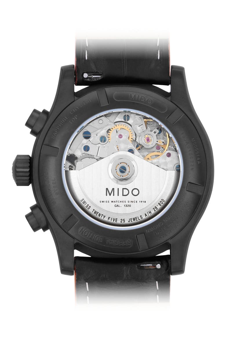 Multifort Automatic Chronograph Leather Strap Watch, 44mm, Alternate, color, BLACK/ ORANGE