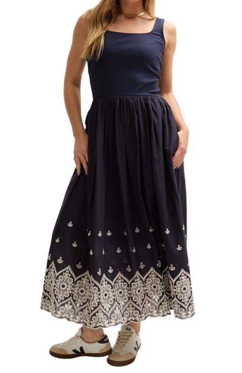 Cora Sleeveless Jersey Bodice Embroidered Midi Dress