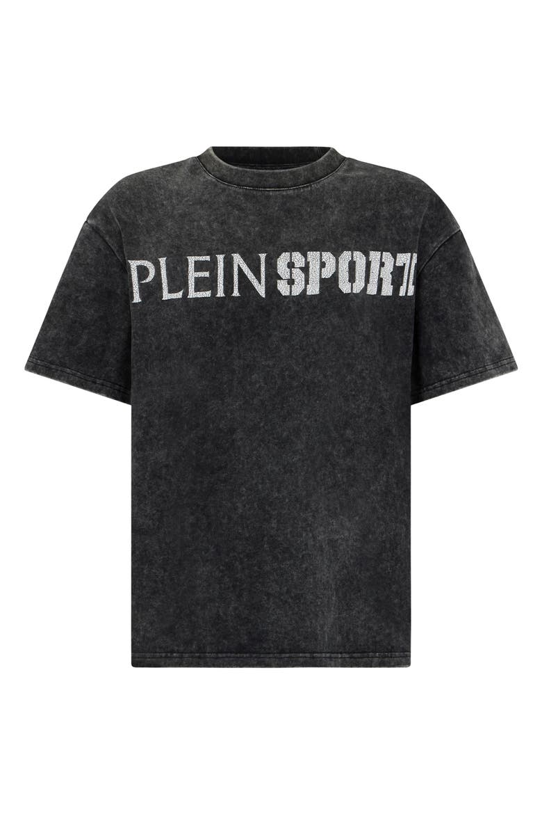 Washed Round Neck T-Shirt Crackle Scratch Men, Main, color, black