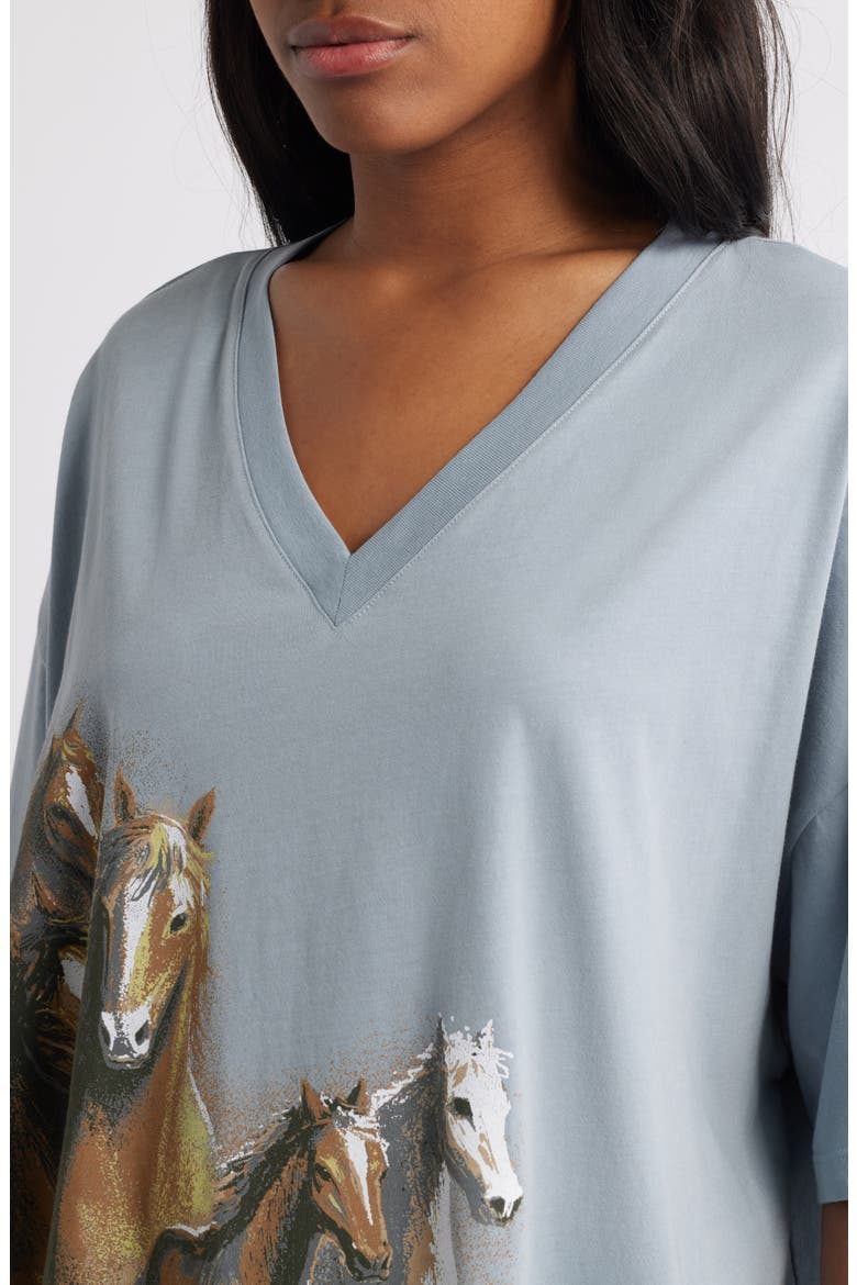 Wild Horses Oversize V-Neck Cotton Graphic T-Shirt, Alternate, color, LIGHT BLUE