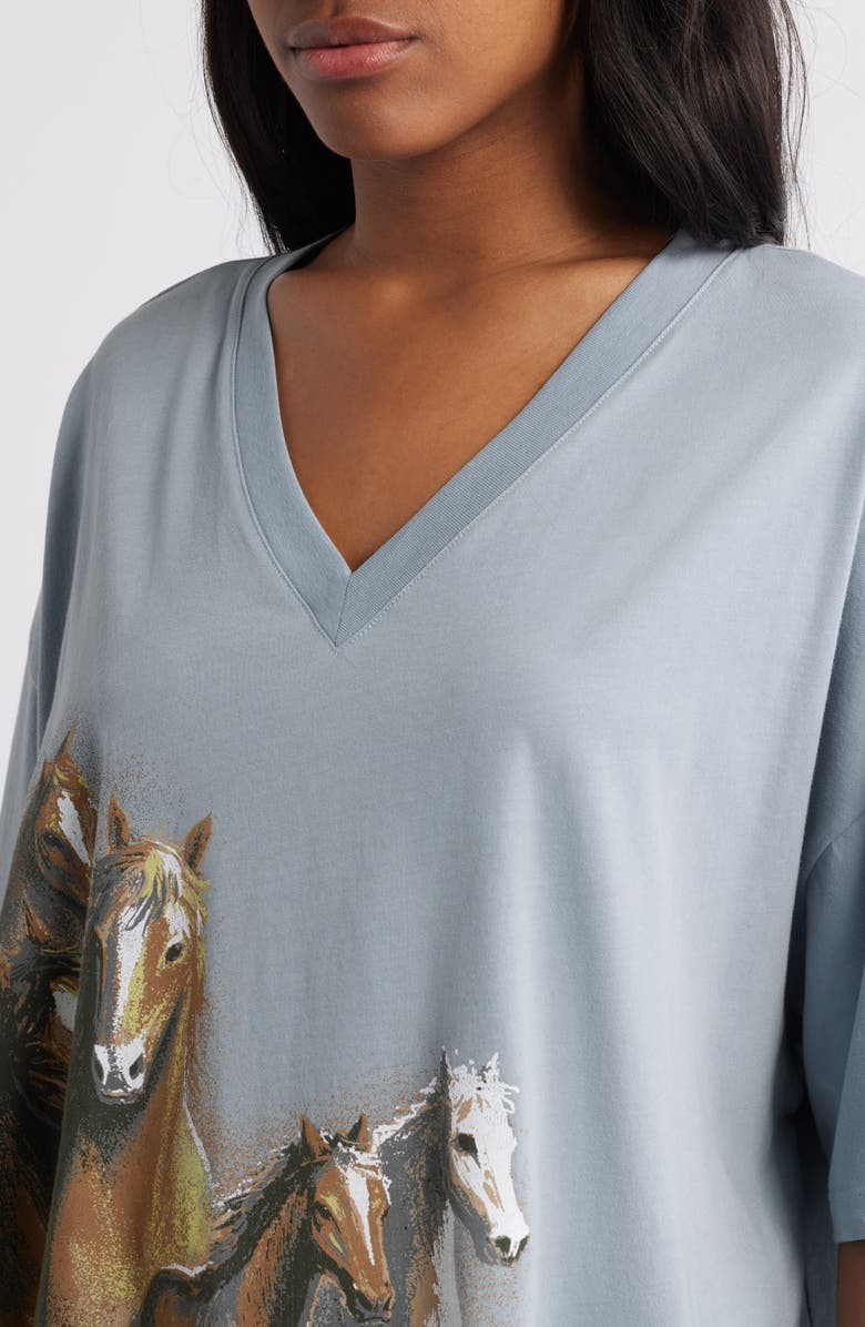 Daydreamer Wild Horses Oversize V-Neck Cotton Graphic T-Shirt, Alternate, color,