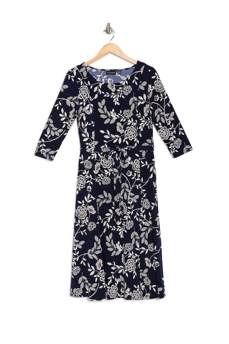 Floral Scoop Neck Midi Dress, Alternate, color, NAVY/TAUPE