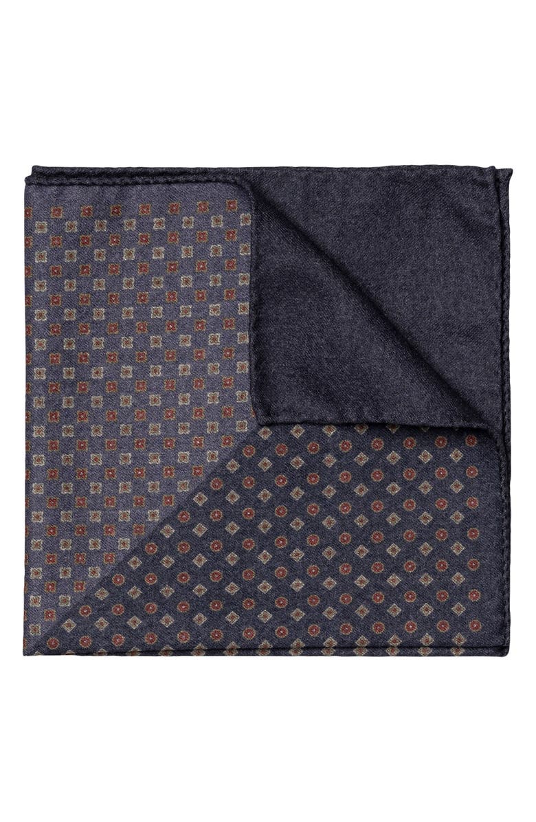 Eton Reversible Solid & Neat Wool Flannel Pocket Square, Main, color, Navy