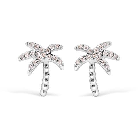 10K White Gold 1/10 Ct Diamond Encrusted Palm Tree Stud Earrings