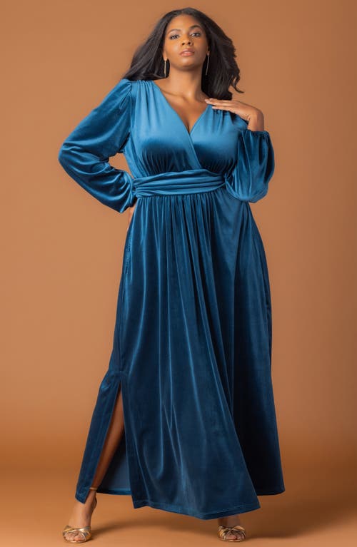 Kiyonna Vivienne Long Sleeve Velvet Gown In Blue