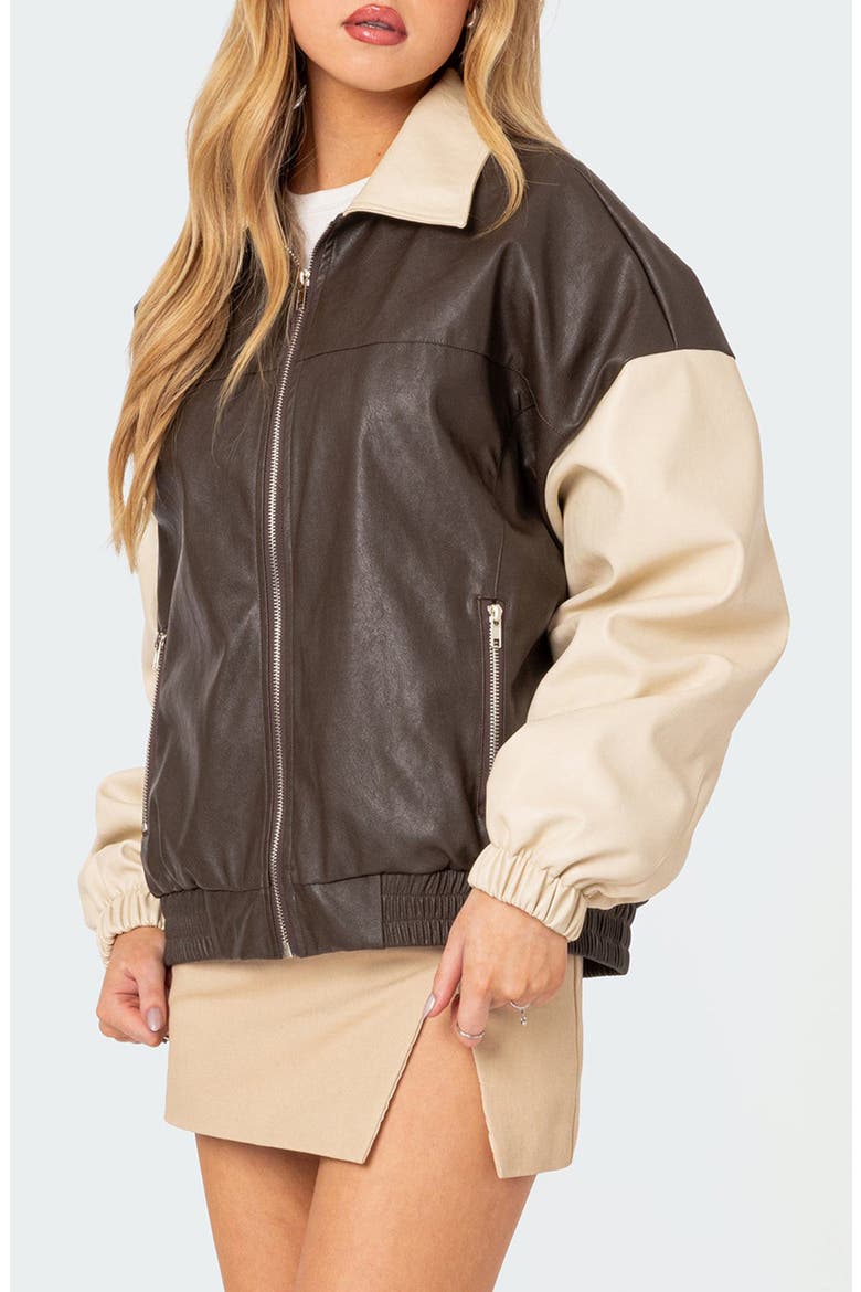 Oversize Colorblock Faux Leather Bomber Jacket, Alternate, color, BROWN