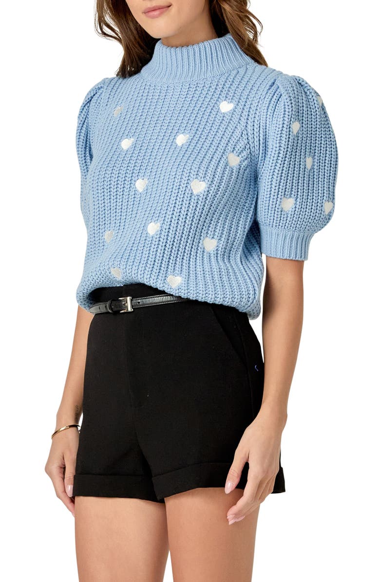 English Factory Heart Embroidered Puff Sleeve Sweater, Alternate, color, Powder Blue