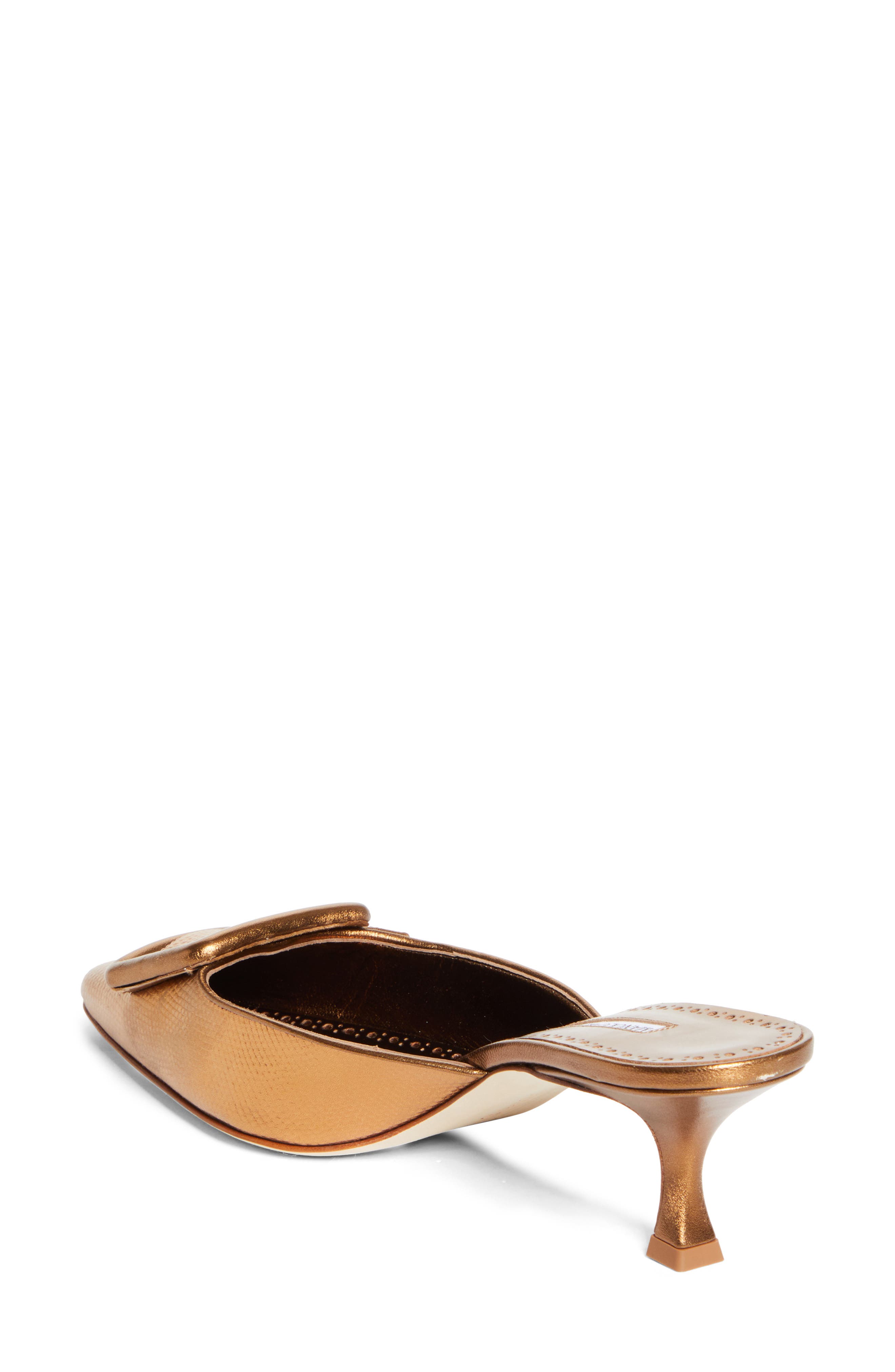 Manolo Blahnik Maysale Buckle Lizard Embossed Metallic Pointed Toe Kitten Heel Mule, Alternate, color, Bronze