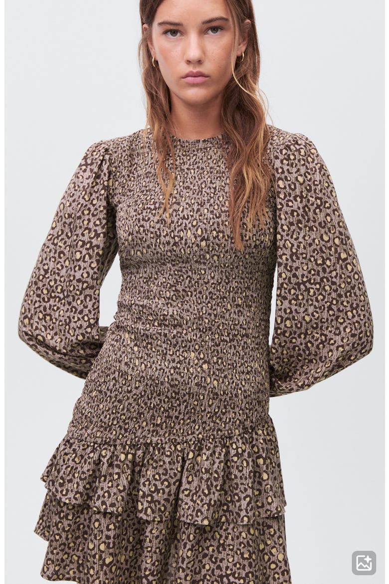 Smocked Long Sleeve Dress, Alternate, color, BROWN