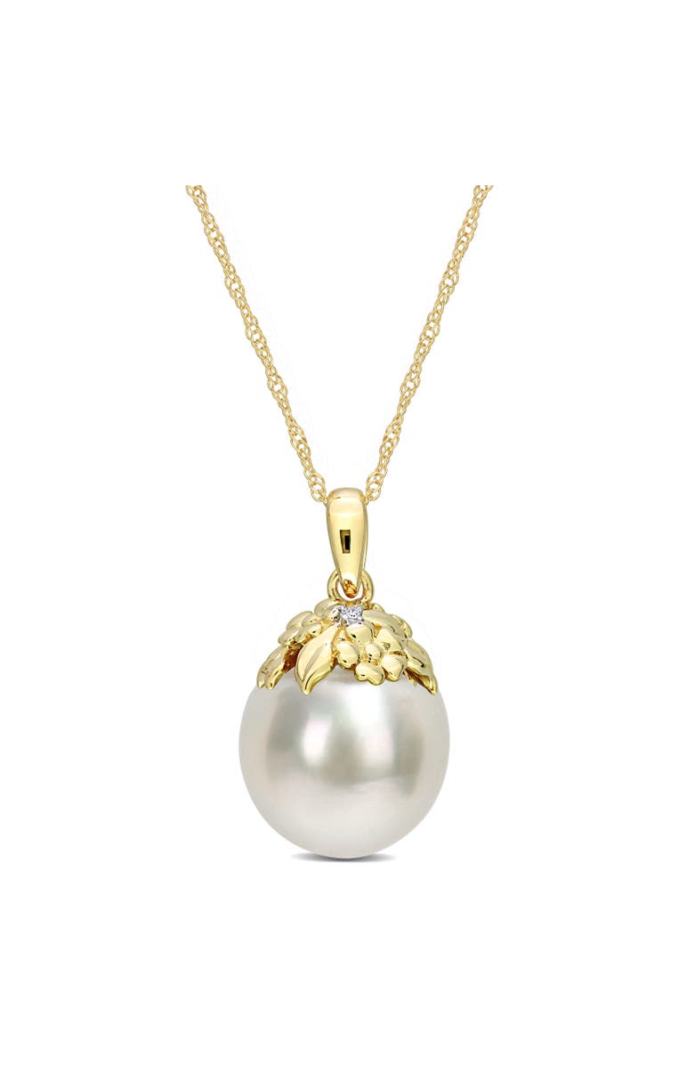 Julianna B. Pearl & Diamond Accent Leaf Necklace 14k, Main, color, South Sea Pearl/Yellow Gold
