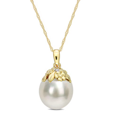 Pearl & Diamond Accent Leaf Necklace 14k