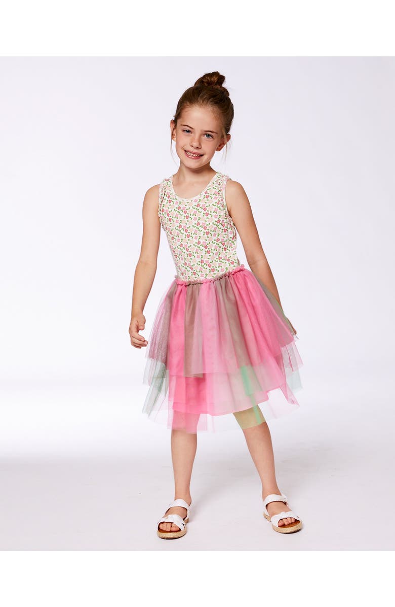 Deux par Deux Little Girl's Bi-Material Cotton And Mesh Dress Small Flowers And Multicolored Gradient Skirt, Alternate, color, 