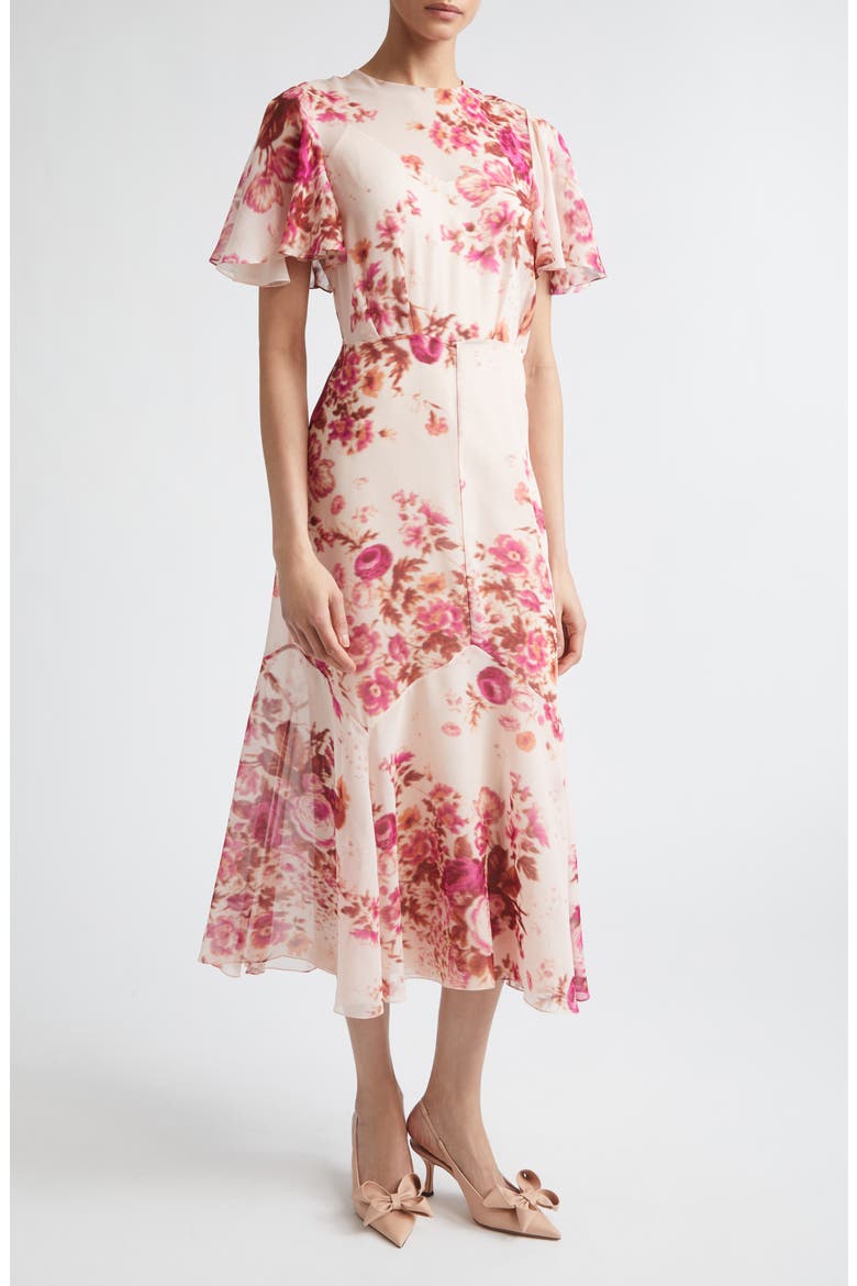 Floral Print Silk Voile Midi Dress, Main, color, ROSE BOUQUET CAMISOLE PINK