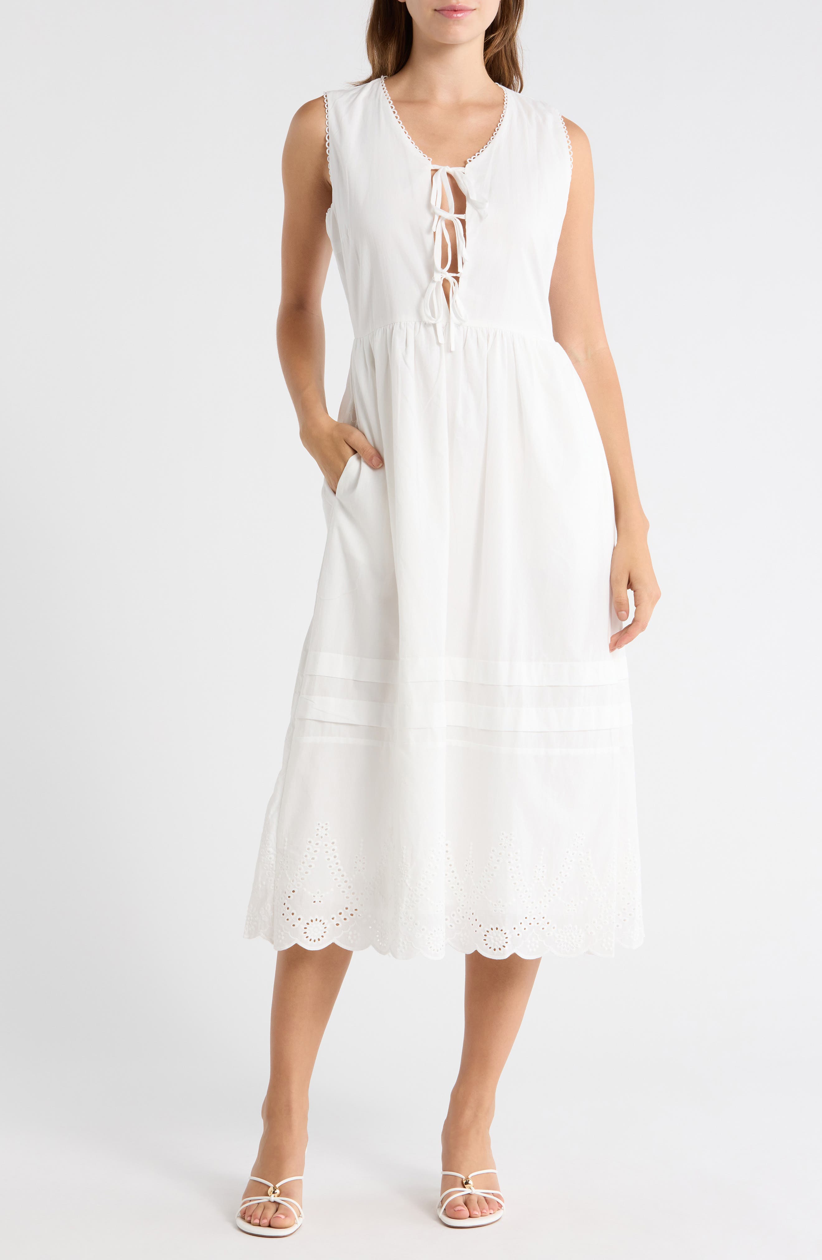 Lush Sleeveless Embroidered Eyelet Cotton Midi Dress