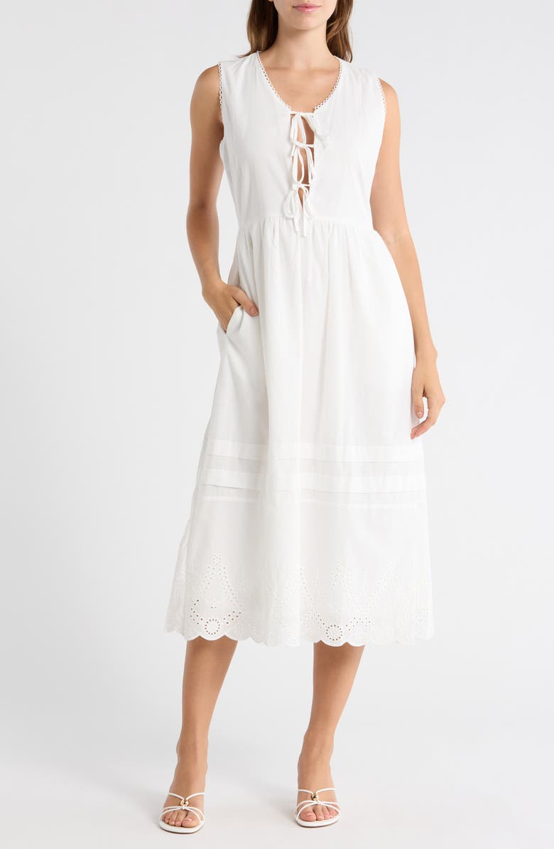 Lush Sleeveless Embroidered Eyelet Cotton Midi Dress, Main, color, White