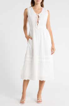 Lush Sleeveless Embroidered Eyelet Cotton Midi Dress