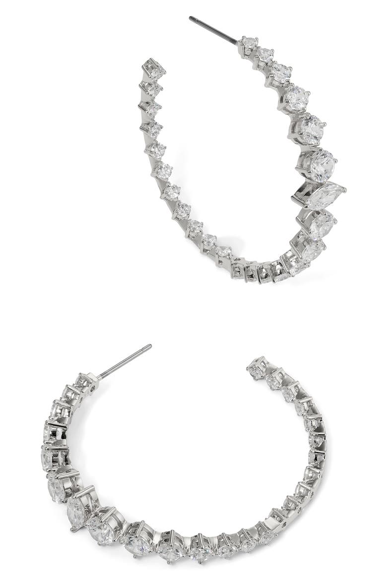 Graduated Cubic Zirconia Inside Out Hoop Earrings, Main, color, RHODIUM