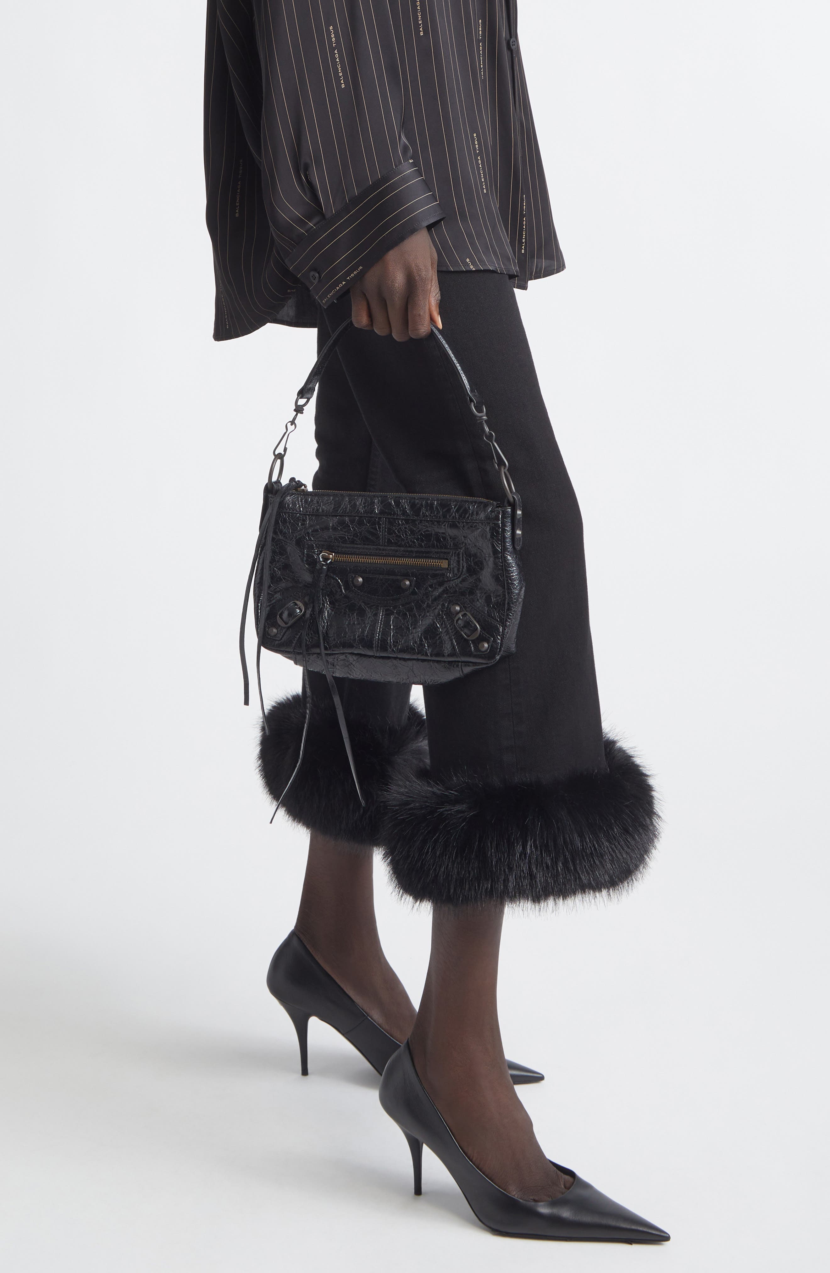 Balenciaga Mini Le City Moto Leather Shoulder Bag, Alternate, color, 1000 Black