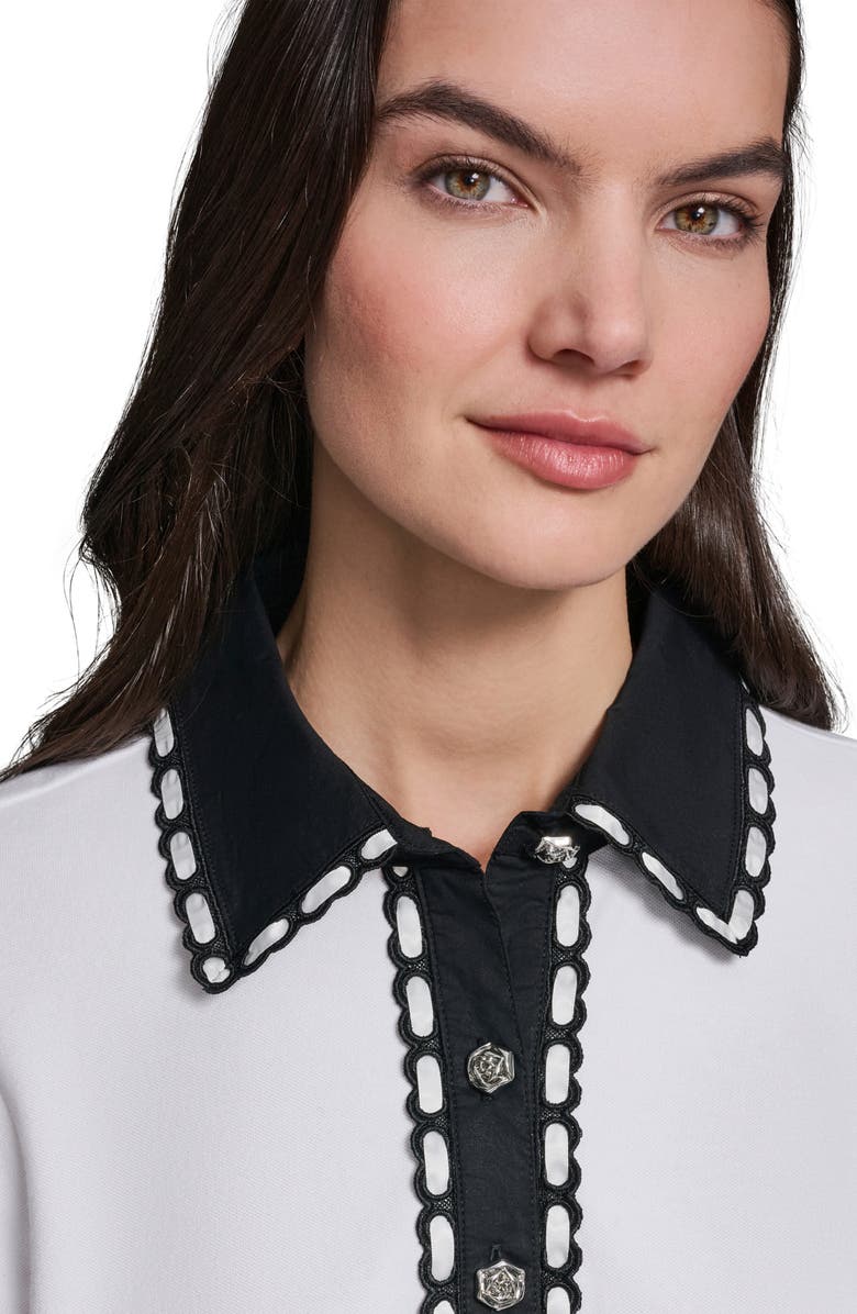 KARL LAGERFELD PARIS Contrast Collar Puff Sleeve Stretch Cotton Piqué Polo Shirt, Alternate, color, Soft White