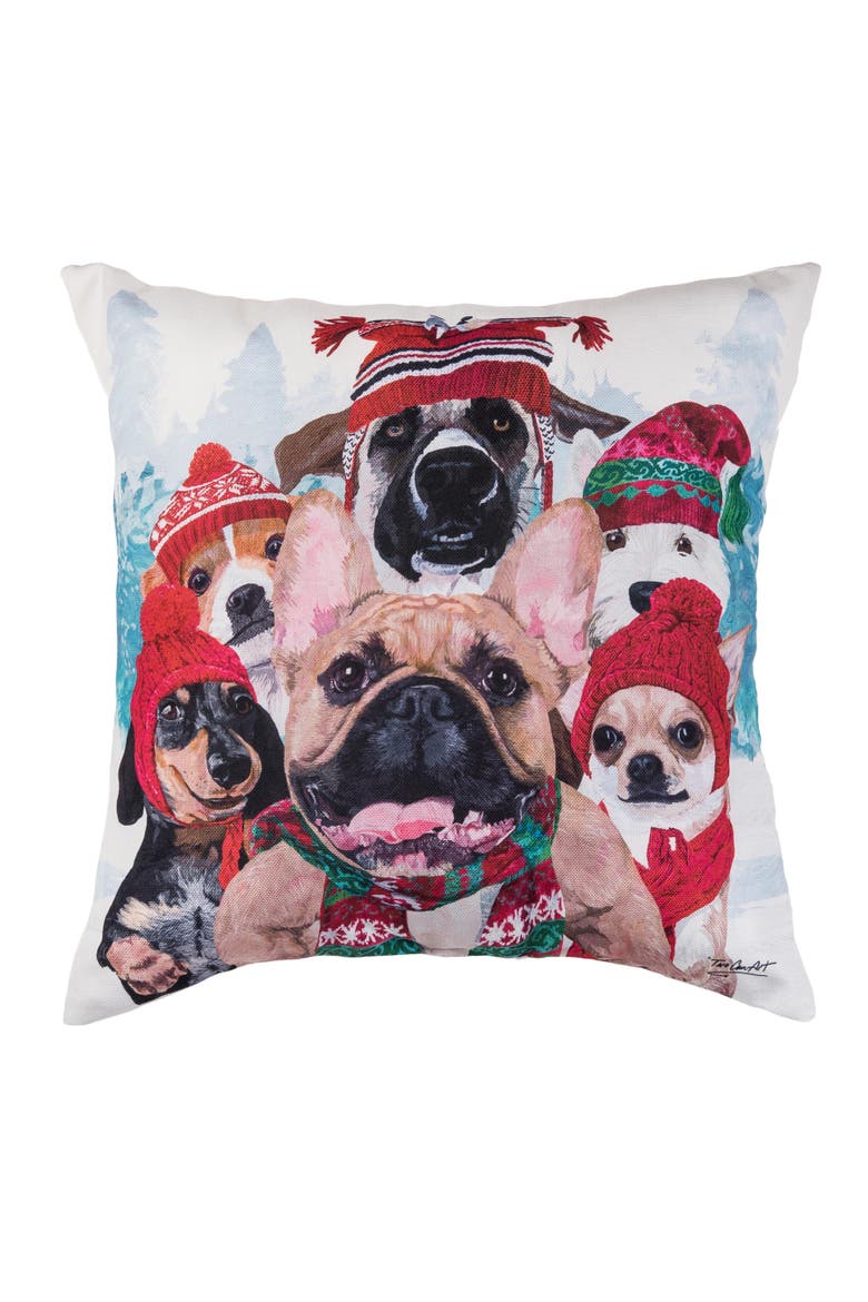 Winter Dogs In Knitted Holiday Hats Christmas Throw Pillow 18" x 18", Main, color, Red