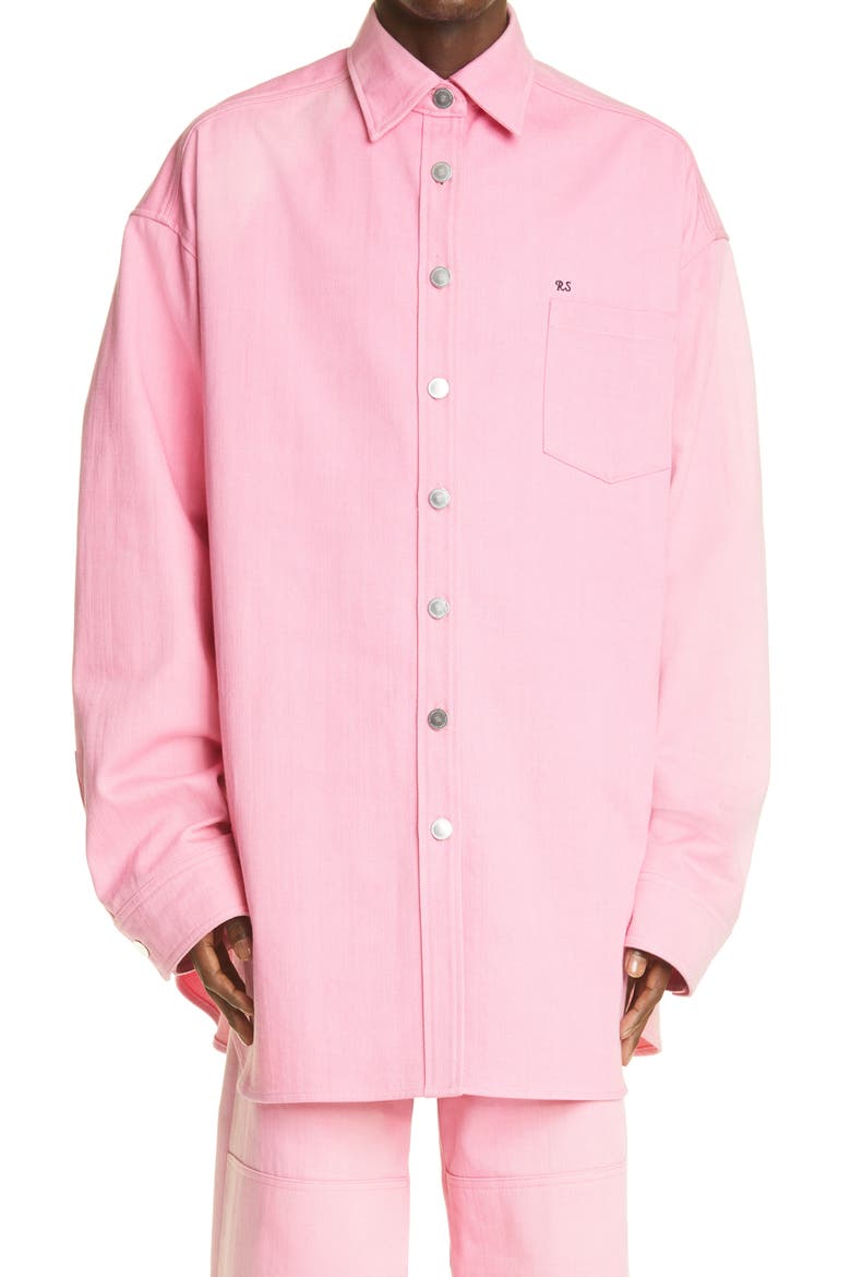 Embroidered Logo Oversize Denim Button-Up Shirt, Main, color, LIGHT PINK