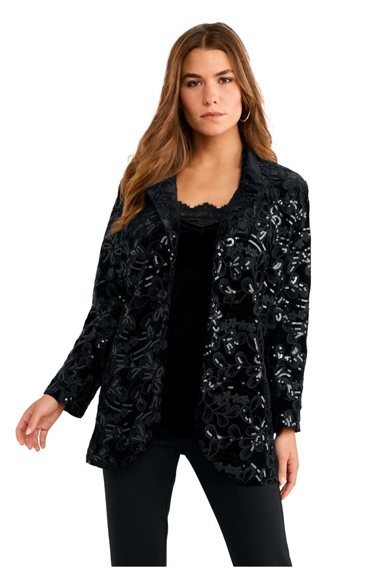 Plus Size Sequin Embroidered Blazer, Main, color, BLACK FILIGREE EMBELLISHMENT