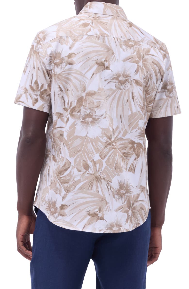 Bugatchi Orson Trim Fit Floral Short Sleeve Stretch Cotton Button-Up Shirt, Alternate, color, Camel