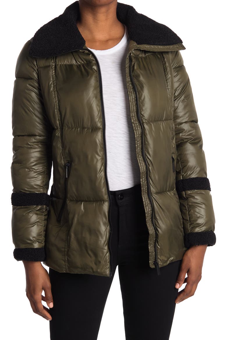 Puffer Faux Shearling Trim Jacket, Main, color, OLIVE