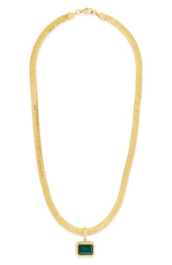 Sterling Forever Calder Cubic Zirconia Pendant Herringbone Chain Necklace In Gold