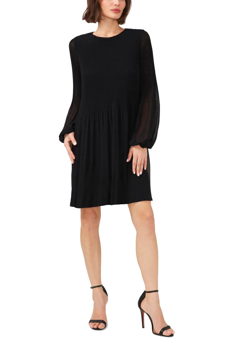 Plissé Long Sleeve Dress, Main, color, RICH BLACK 060