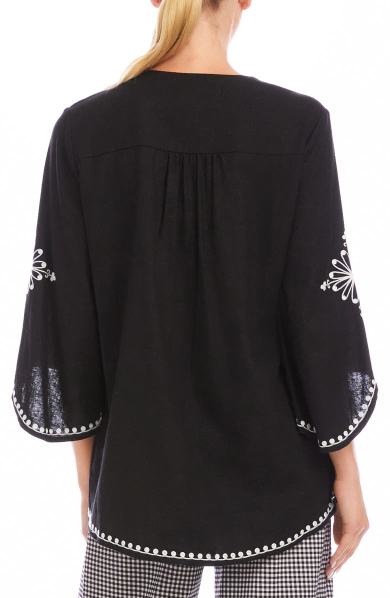 Karen Kane Embroidered Asymmetric Hem Linen Blend Top, Alternate, color, Black